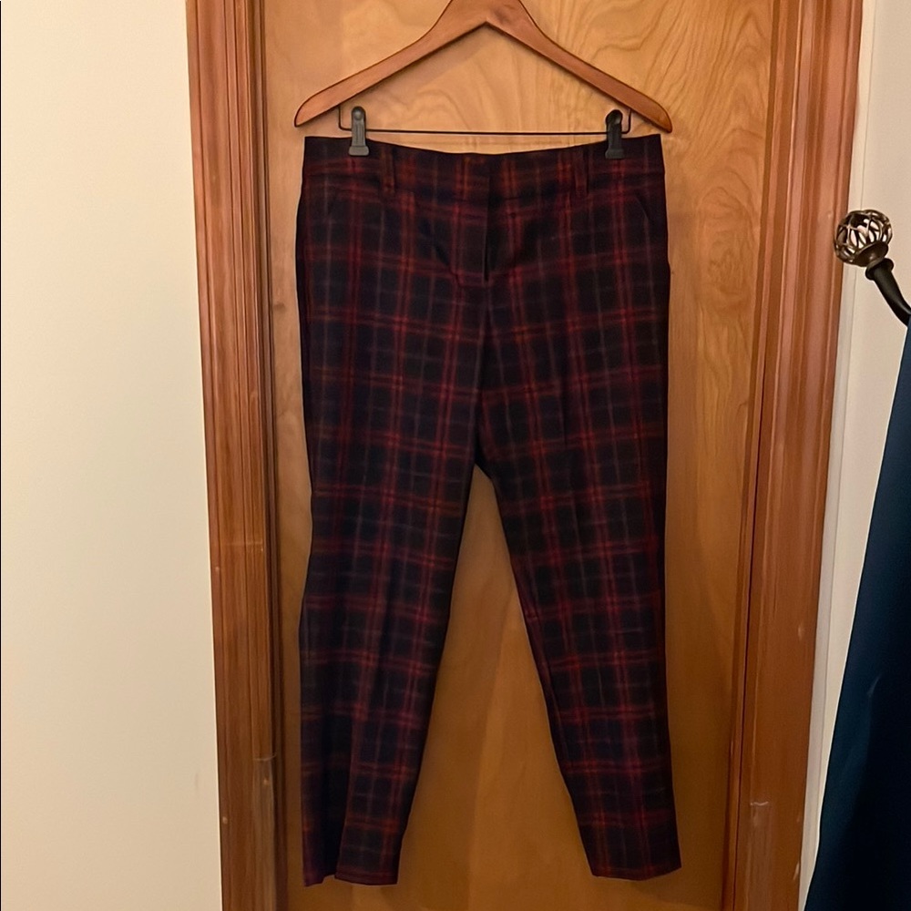 Eva Mendes Red and Black Straight Leg Plaid Trousers